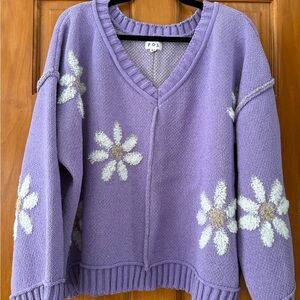 POL Lavender V-Neck Sweater with Cream Floral Accents